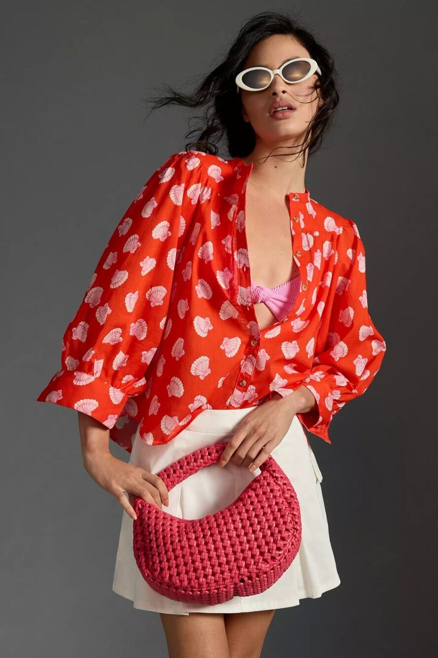 Maeve Femme Red Long Sleeve Shells Cotton Flowy Top XXS